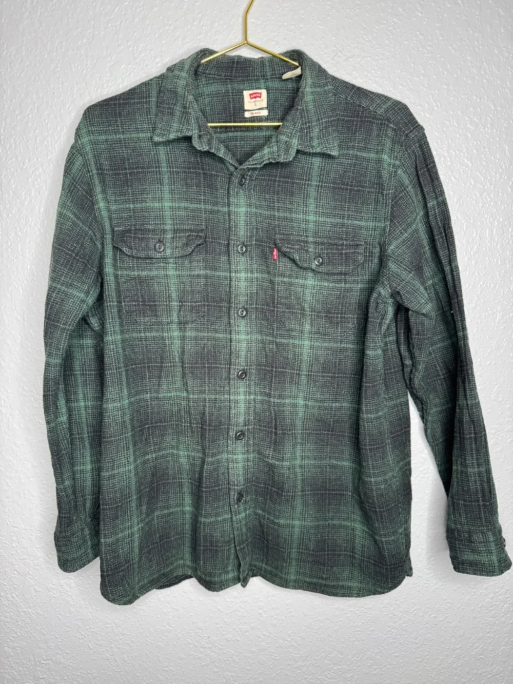 Levis Flannel Shirts Men Large Green Black Relaxed Fit Plaid Button‎ up Pocket